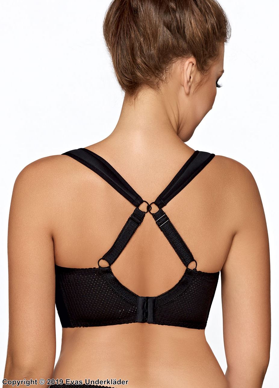 Sports bra for big bust, flexible shoulder straps, net inlay, B to I-cup